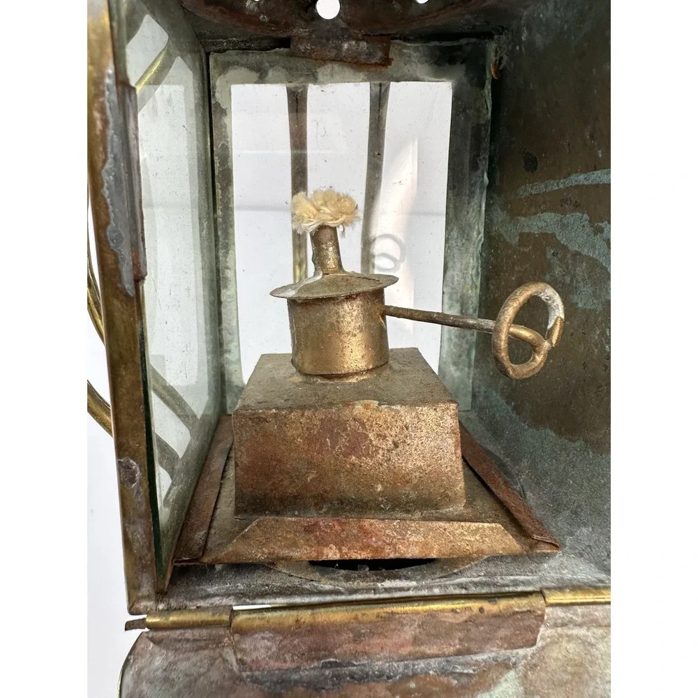 Antique Brass Beveled Glass Buggy Carriage Oil Lamp Lantern Coach Light